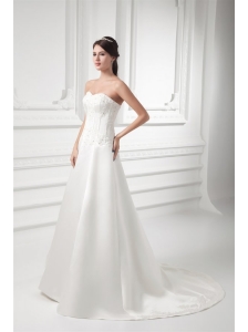 A-line Sweetheart Appliques Satin Court Train Wedding Dress