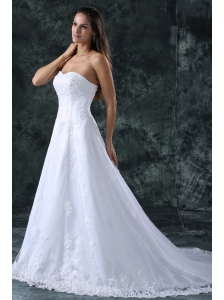 A-Line Sweetheart Court Train Lace and Appliques Organza Wedding Dress