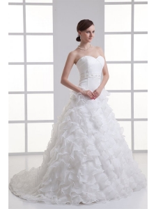 A-line Sweetheart Ruffled Layers Beading Organza Court Train Wedding Dress