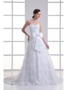 A-line Sweetheart Sash Lace Court Train Wedding Dress