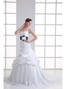 A-line Sweetheart Sash Pick-ups Ruching Court Train Wedding Dress
