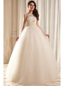 Bateau Ball Gown Beading and Appliques Wedding Dress in Floor-length