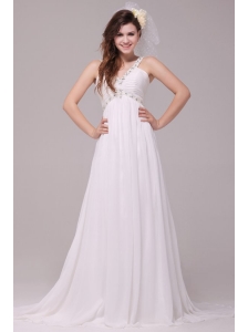 Beaded Decorate V-neck Empire Chiffon Court Train Wedding Dress