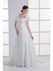 Beautiful Empire Square Court Train Wedding Dress with Flowers