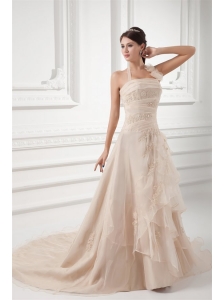 Champagne A-line Halter Top Wedding Dress with Embroidery and Layers
