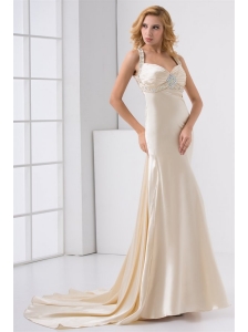 Champagne Column Straps Watteau Train Wedding Dress with Beading