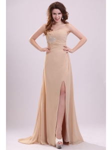 Champagne One Shoulder Appliques and High Silt Wedding Dress