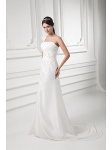 Column One Shoulder Appliques and Ruching Chiffon Wedding Dress