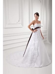 Discount A-line Strapless Court Train Wedding Dress with Sash