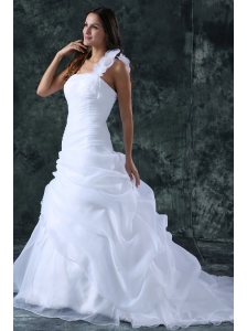Elegant A-Line Organza Brush Train Zipper Up Wedding Dress with Ruching