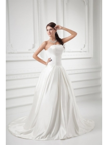 Elegant A-line Strapless Sweep Train Wedding Dress with Satin