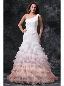 Elegant One Shoulder A-Line Ruffles Brush Train Organza Wedding Dress