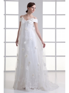 Empire Spaghetti Straps Lace Brush Train Wedding Dress