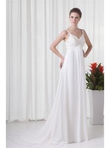Empire Straps Appliques Chiffon Brush Train  Wedding Dress