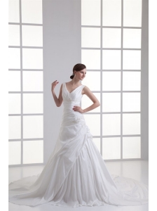 Gorgeous V-neck A-line Cathedral Train Wedding Dress with Appliques and Beading