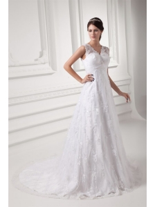 Luxurious A-line V-neck Wedding Dress with Lace Court Train