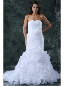 Luxurious Mermaid Sweetheart Brush Train Organza Ruching Wedding Dress