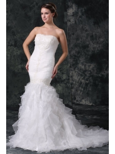 Mermaid Strapless Organza Ruffles and Ruching Wedding Dress with Court Train