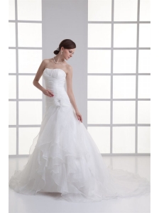 Mermaid Strapless Ruching Ruffles Organza Chapel Train Wedding Dress