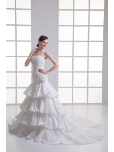Mermaid Strapless Ruffled Layers Appliques Chapel Train Wedding Dress