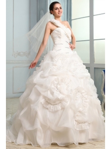 One Shoulder Beading and Laciness Court Train Wedding Dress