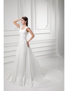 Pretty A-line Straps Chapel Train Wedding Dress with Ruching