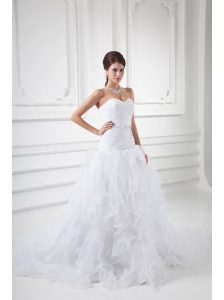 Romantic A-line Sweetheart Court Train Wedding Dress with Beading and Ruffles
