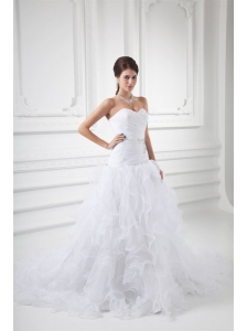 Romantic A-line Sweetheart Court Train Wedding Dress with Beading and Ruffles