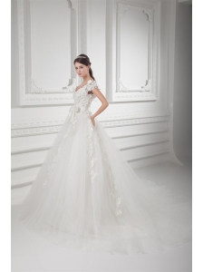 Romantic A-line V-neck Wedding Dress with Appliques and Embroidery
