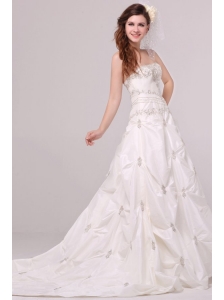 Strapless A-line Appliques and Pick-ups Taffeta Wedding Dress