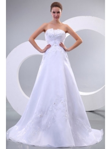 Strapless A-line Sweep Train Wedding Dress with Appliques and Beading