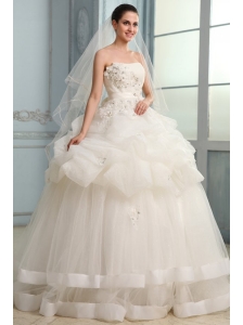 Strapless Ball Gown Appliques and Pick-ups Long Wedding Dress