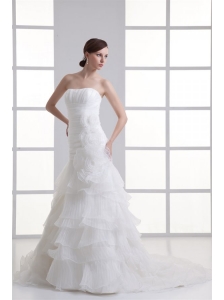 Strapless Hand Made Flowers Ruffled Layers Ruching Court Train Wedding Dress
