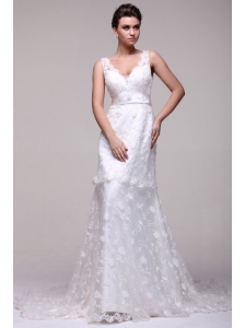 V-neck A-line Lace Court Train Wedding Dress with Beading on Sash