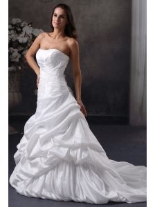 A-Line Strapless Court Train Appliques Taffeta Wedding Dress