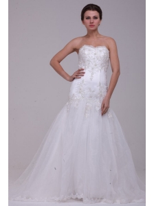 A-Line Sweetheart Tulle Appliques Tulle Wedding  Dress with Court Train