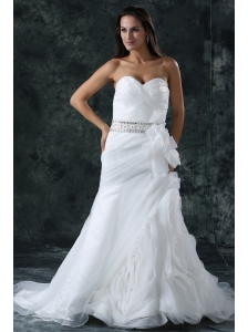 Column Sweetheart Beading Organza Wedding Dress with Court Train