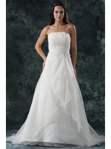 Elegant A-Line Ruching Organza Wedding Dress with Court Train