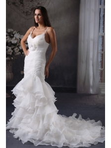 Mermaid Straps Lace Up Organza Ruching Wedding Dress