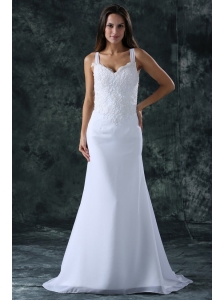 Simple Column Straps Chiffon Brush Train Lace Zipper Up Wedding Dress