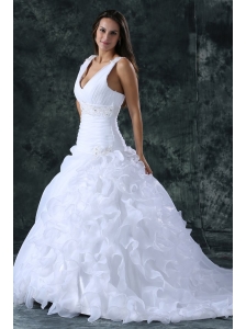 V-neck Appliques and Ruffles Sweep Train Organza Wedding Dress