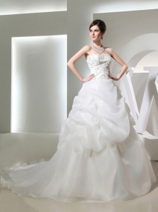 Puffy Sweetheart Pick-ups and Appliques Wedding Dress with Chapel Train