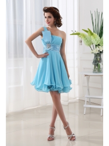 A-line Aqua blue One Shoulder Beading and Ruching Chiffon Prom Dress