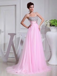 A-line Brush Train Beading Tulle Strapless Baby Pink Prom Dress