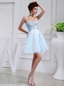 A-line Chiffon Aqqliques Strapless Light Blue Sweatheart Prom Dress