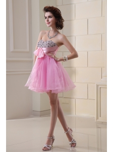 A-line Organza Prom Dress with Beading Ruchings Rose Pink Sweatheart