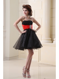 A-line Strapless Organza Black Mini-length Prom Dress with Beading and Ruching