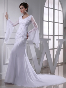 Cheap Column V-neck Lace Chiffon Wedding Dress With Long Sleeves
