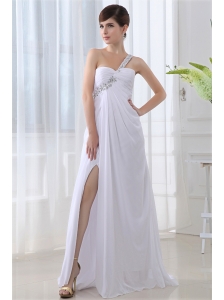 Elegant Empire One Shoulder Ruching Appliques High Slit Brush Train Wedding Dress