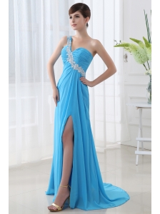 Empire High Slit Prom Dress with Ruchings and Beading One Shoulder Aqua Bue